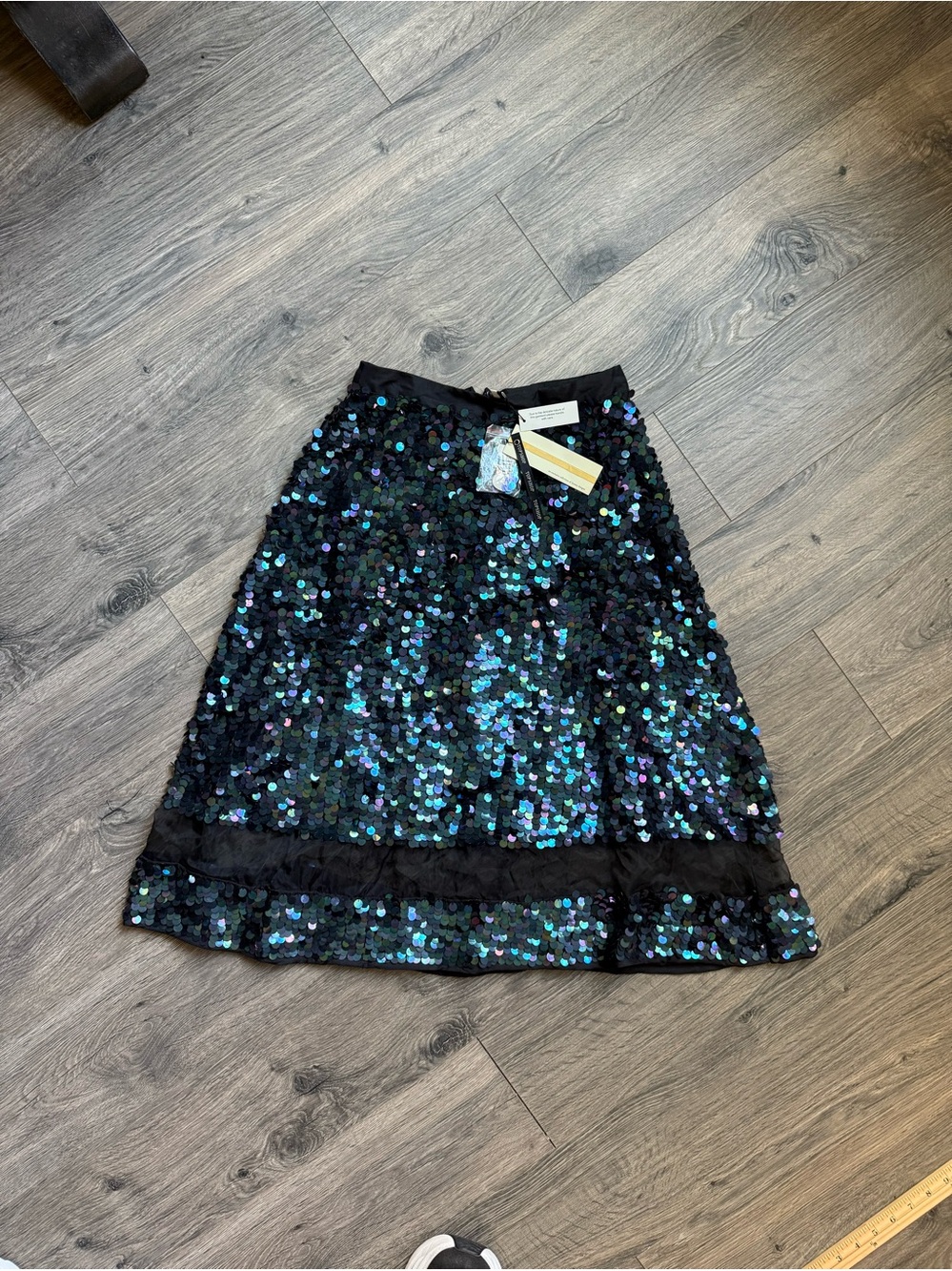 Topshop NWT Black Organza Sequin Midi Skirt Sheer Panel Hem Iridescent BlueGree